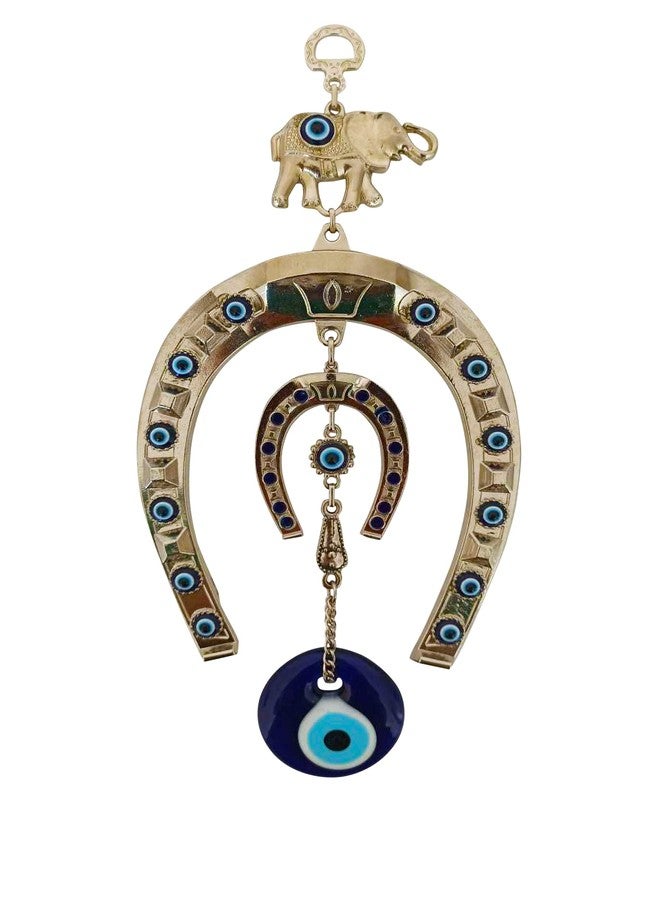 Erbulus Turkish Silver Horse Shoe Blue Evil Eye Hanging Ornament with Elephant - Home Entrance Protection Amulet for Good Luck & Prosperity - Main Door & Wall Decor (Large) - Image 1